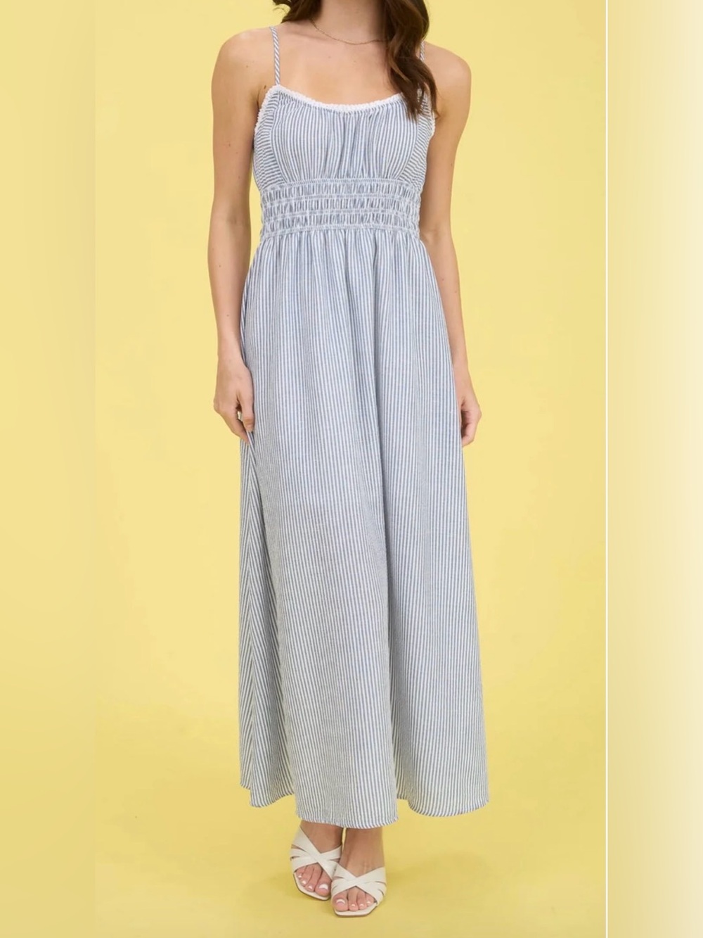 mine Blue and White Striped Smocked Maxi Dress